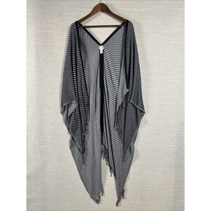 Chico's OS Black White Kimono Shaw Wrap Boho Lagenlook Casual Fringe Trim Poncho